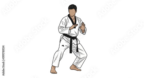 Martial artist in a fighting stance, taekwondo uniform, dynamic pose