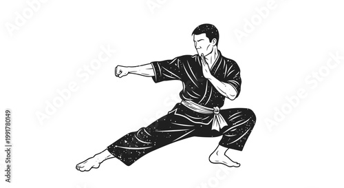 Martial artist in black uniform performing a fighting stance with clenched fist and open hand.