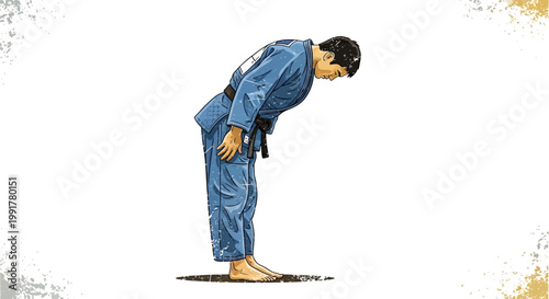 Martial artist in blue gi bowing respectfully, white background