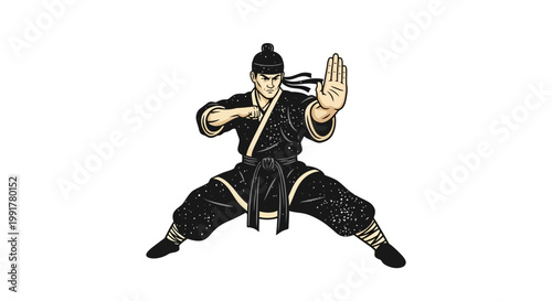 Martial artist in black uniform performing a defensive stance
