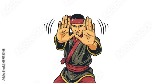 Martial artist in defensive stance, ready to fight, on white background