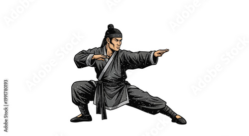 Martial artist in dynamic stance, performing kung fu.