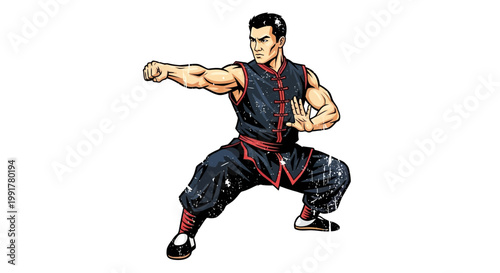 Martial artist in fighting stance, Kung Fu warrior, action pose, vintage illustration