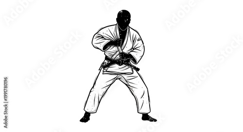 Martial artist in gi, black belt, ready stance, illustration