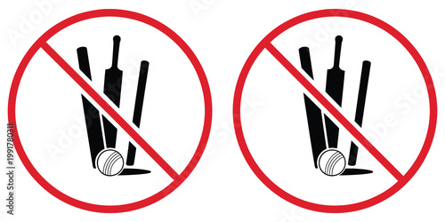 No cricket sports icon set with prohibition symbols, showing crossed cricket bat, ball, and stumps representing restricted play, no game allowed signs for safety and rules enforcement, vector