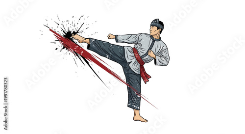 Martial artist performing a powerful kick with red splash effect