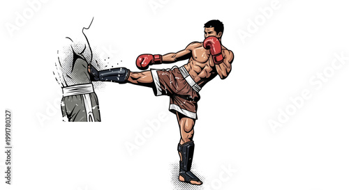 Martial artist performing a powerful Muay Thai kick against a training dummy.