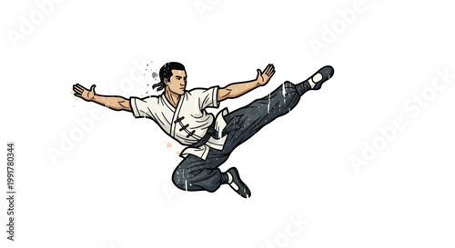Martial artist performing dynamic flying kick