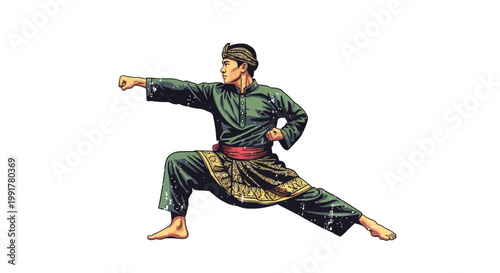 Martial artist performing silat, traditional Southeast Asian combat art