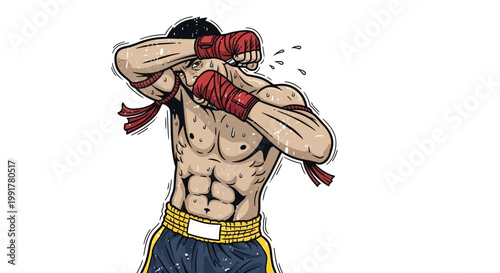 Muay Thai Fighter Defensive Stance with Sweat Drops