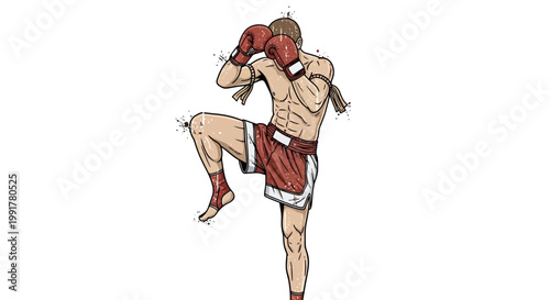 Muay Thai fighter performing a knee strike, combat sport illustration