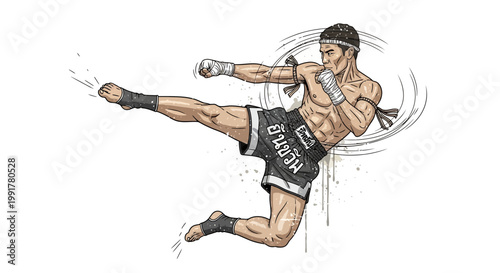 Muay Thai Fighter Performing High Kick, Dynamic Action Illustration