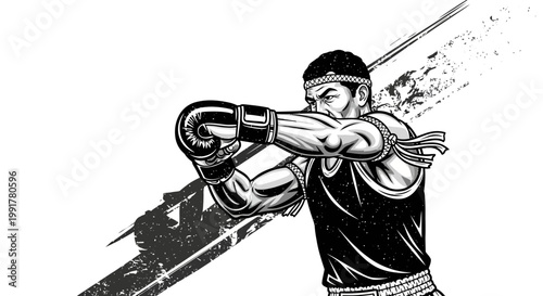 Muay Thai fighter training, black and white illustration