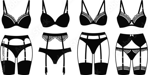 Black lingerie collection silhouette bras and panties layout on white background