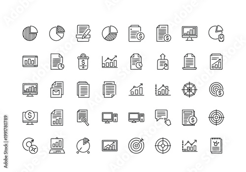 Set of business and finance line icons, including charts, graphs, documents, targets, and analytics