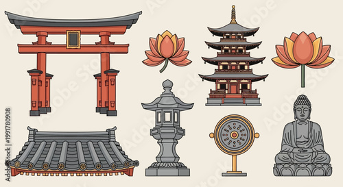 Buddhist temple architecture elements.
