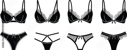 Black lingerie collection silhouette bras and panties fashion and intimacy