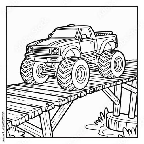 Monster Truck Coloring Page Illustrations Vector Line Art