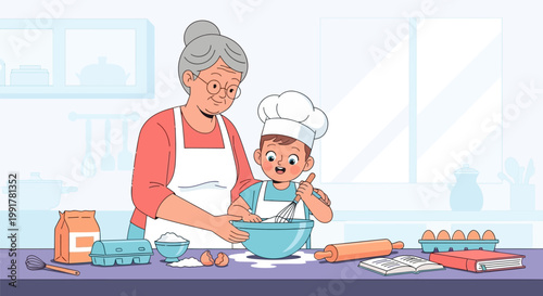 Grandmother and Grandson Baking Together in Kitchen.