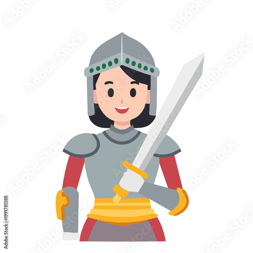 Cartoon female knight with sword and armor