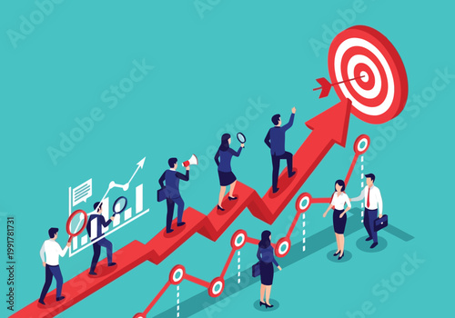 Business team climbing a growing red arrow chart towards a target, isometric vector illustration of professional success and strategy