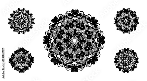 Vintage black lace mandala set, intricate floral crochet ornaments, 5 decorative circular lace doily vectors for wedding invitations and crafts