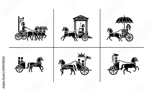 Valokuva Ancient Roman chariot silhouettes, set of 6 Greek horse drawn carriage icons, an