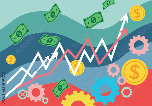 Financial growth concept with rising stock market charts, floating dollar bills, gold coins, and mechanical gears on a colorful background