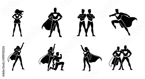 Photos Superhero silhouette collection, comic book hero character set, black vector ico