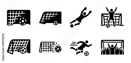 Soccer goal icons set, black football player silhouettes and net graphics, 8 vector sports pictograms for competition and tournament design