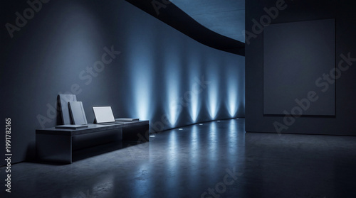 Modern minimalist hallway interior with spotlighted wall, a stylish bench.