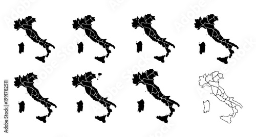 Italy map vector set with regional borders, black silhouette Italian administrative maps, collection of 8 minimalist country outlines for infographics