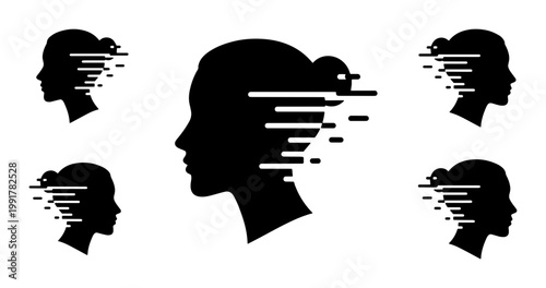 Minimalist woman head profile silhouette with motion lines, female face side view vector set, digital identity and mental health concept icons
