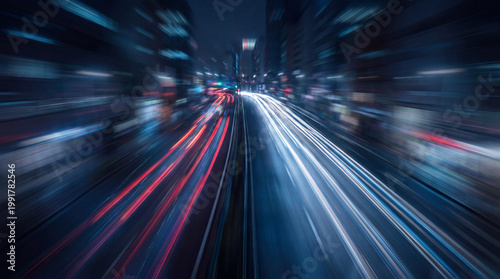 Φωτογραφία Dynamic long exposure photograph of city lights and traffic trails on a busy urban street with a compelling zoom blur