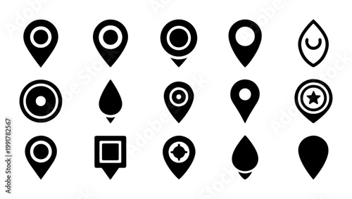 Minimalist map pin icons, black location pointer symbols set, 15 navigation marker vector elements for travel apps and web interface design