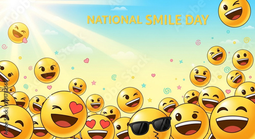 Yellow smiley faces celebrating national smile day with bright expressions including hearts sunglasses and laughter set against a warm cheerful pastel background with soft