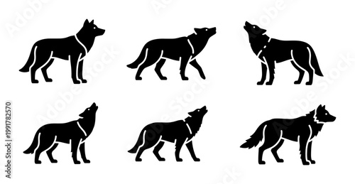 Black wolf silhouette vector set, howling wild dog icons in various poses, minimalist forest animal graphics for logo design and outdoor branding
