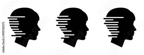 Minimalist human head profile icons with motion lines, black silhouette of person face in side view, set of 3 abstract speed effect vector symbols