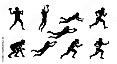 American football player silhouettes set, 8 vector athlete poses including quarterback throwing and receiver catching, black sports action figures