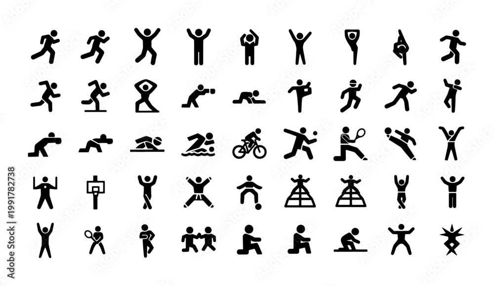 Naklejka premium Minimalist sports icons set, black stick figure athlete silhouettes, 45 olympic and fitness activity symbols, flat vector pictograms for infographics