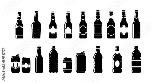 Black beverage bottle silhouettes and aluminum cans collection, 17 drink container vector icons, assorted soda and beer packaging set
