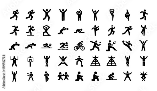 Minimalist sports icons set, black stick figure athlete silhouettes, 45 olympic and fitness activity symbols, flat vector pictograms for infographics