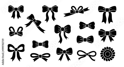 Black ribbon bow silhouettes set, 16 decorative gift bow vector icons, elegant satin bow tie collection for wedding invitations and gift wrapping
