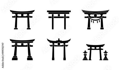 Japanese torii gate silhouette icons, traditional shinto shrine entrance set of 6 vectors, oriental temple architecture symbols for travel and culture
