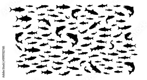 Black fish silhouettes collection, aquatic animal vector set, diverse school of fish shapes, marine life icons for fishing and ocean design