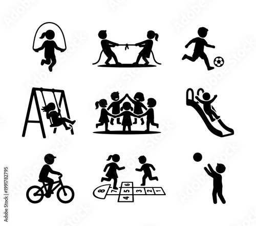 Children playground icons set, black silhouette kids playing outdoor games, school recess activities vector collection, childhood sports and recreation symbols
