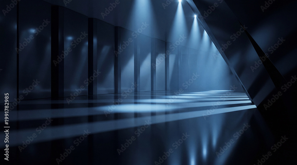 Obraz premium Dark, futuristic 3D tunnel or corridor with dramatic spotlights and strong blue light patterns on the floor.
