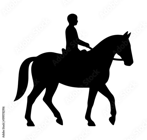 Equestrian horse rider silhouette, black stallion with jockey vector, professional dressage and show jumping athlete, isolated animal sport icon