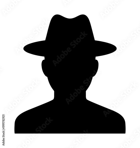 Mysterious man silhouette wearing fedora hat, anonymous detective profile icon, black male avatar vector for cybersecurity and privacy concepts