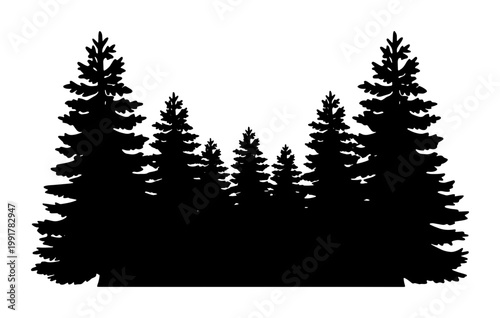 Pine tree forest silhouette vector, black evergreen coniferous woodland landscape, minimalist spruce and fir timberline graphic for outdoor branding